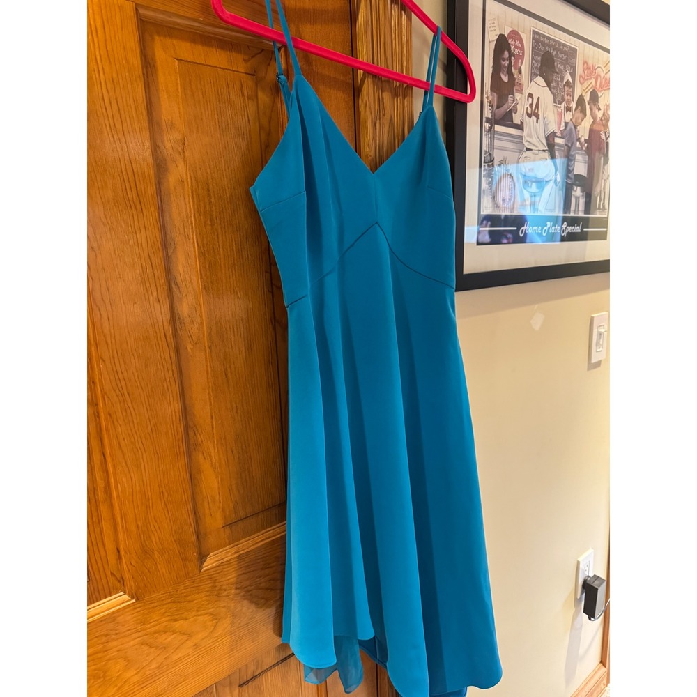 Alice + Olivia Teal Asymmetrical Midi Dress Size 6 Spaghetti Strap Fit Flare - Picture 5 of 10